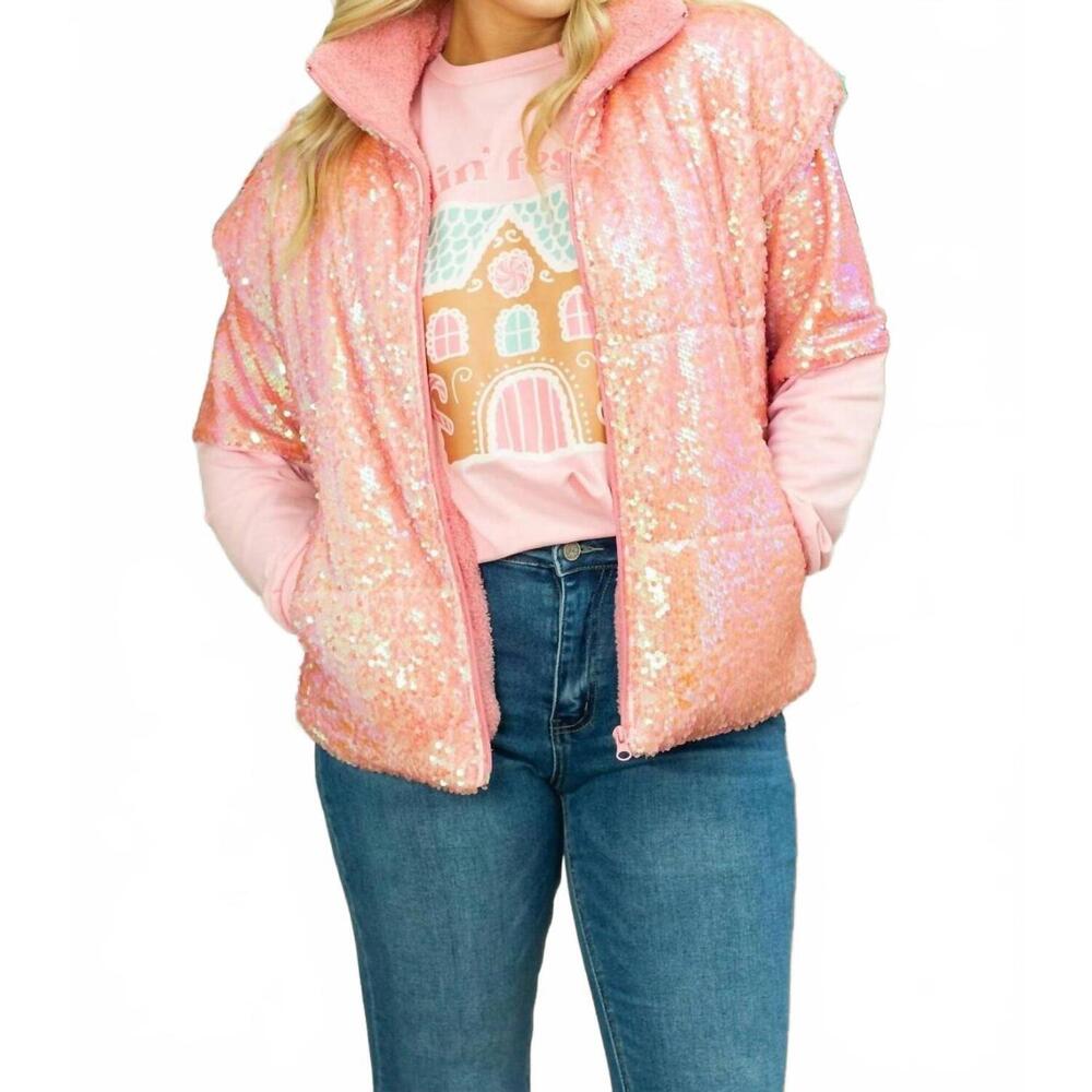 NEW GRACE + EMMA iridescent sequin vest in pink